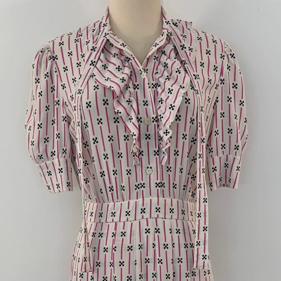 Prada Short-Sleeve Pleated Dress Knee-Length White Pink Striped Print 40 (US 4) - Picture 4 of 16